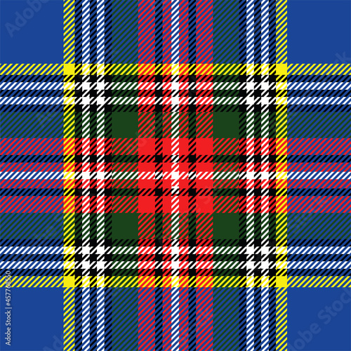 MacBeth modern tartan plaid. Scottish colorful pattern fabric swatch close-up.