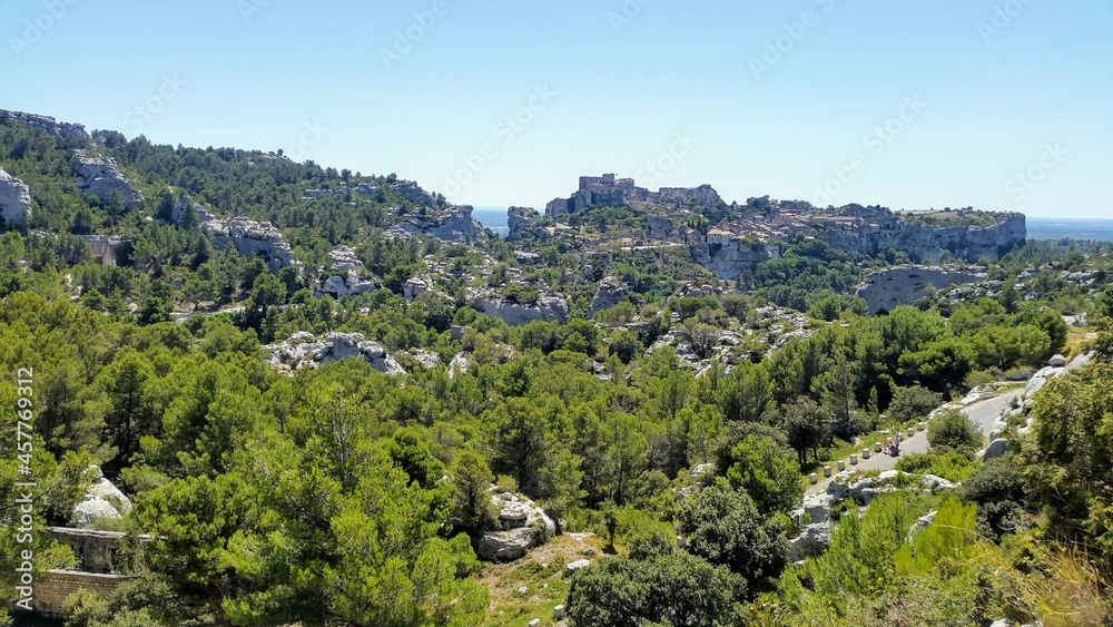 landscape of les baux de provence in france 