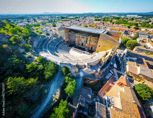 The aerial view of Orange, an old Roman city in the Vaucluse department in the Provence-Alpes-Côte d'Azur region in Southeastern France photo