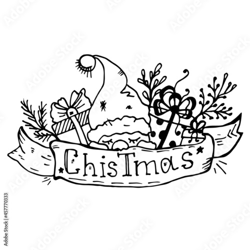 doodle gifts and a sleeping gnome on a ribbon with the inscription Christmas