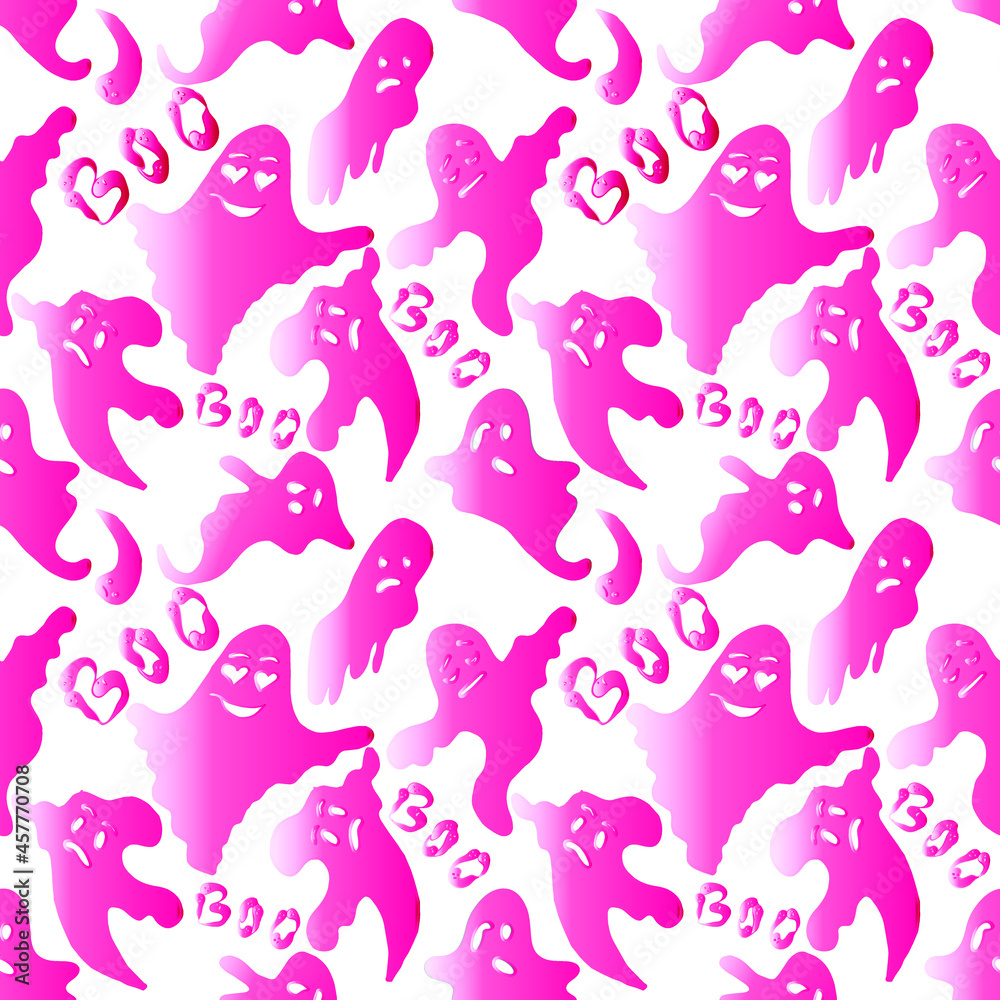 Hand drawn halloween seamless pattern. Pink ghosts  on a transporent background. Vector illustration.