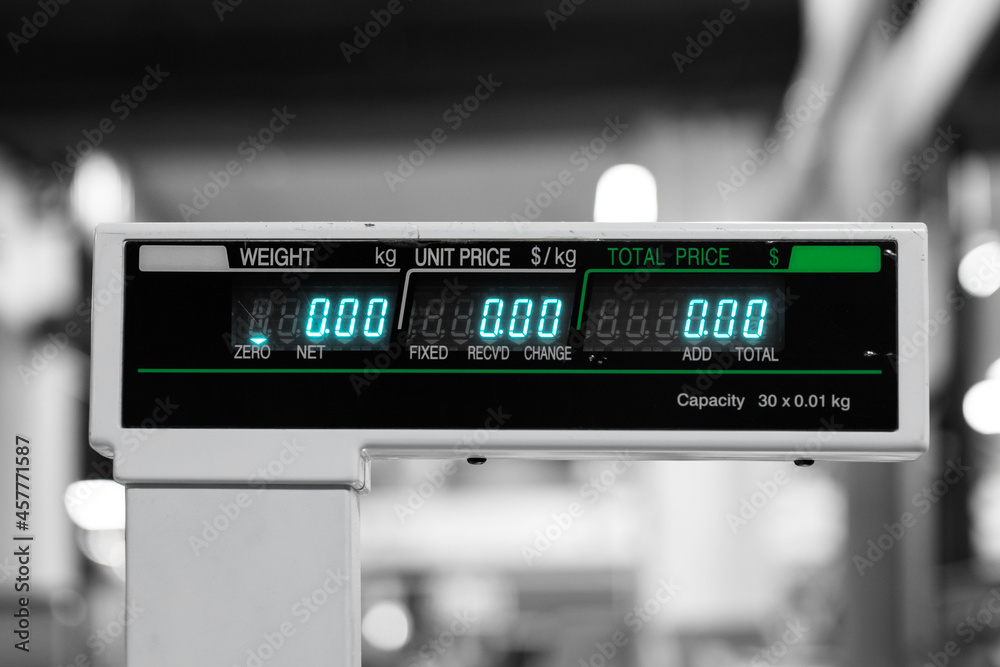 Cash register display zeros. Free at retail checkout monitor. Color isolated blue text black and white background