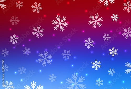 Light Blue, Red vector background with xmas snowflakes, stars.