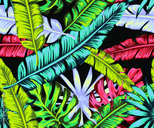 black punk tropics Wallpaper nature tropical punk. Seamless vector pattern, palm leaves Summer floral print with plants.