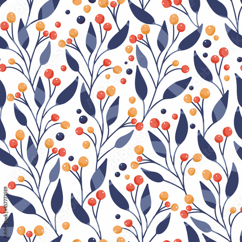 Blue leaves with berries on white background seamless pattern. Vector backdrop.