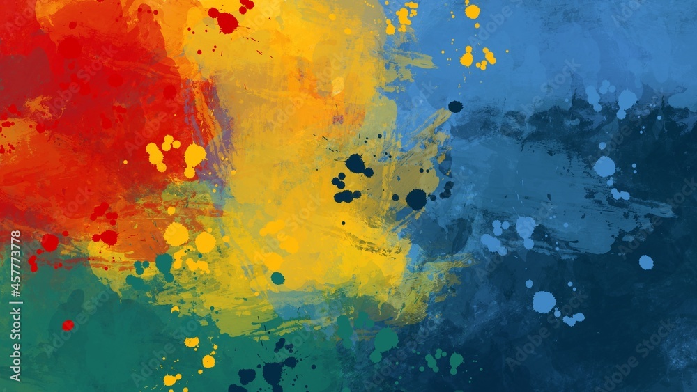 Abstract painting art with yellow, red and  blue splatter paint brush for presentation, website background, banner, wall decoration, or t-shirt design.