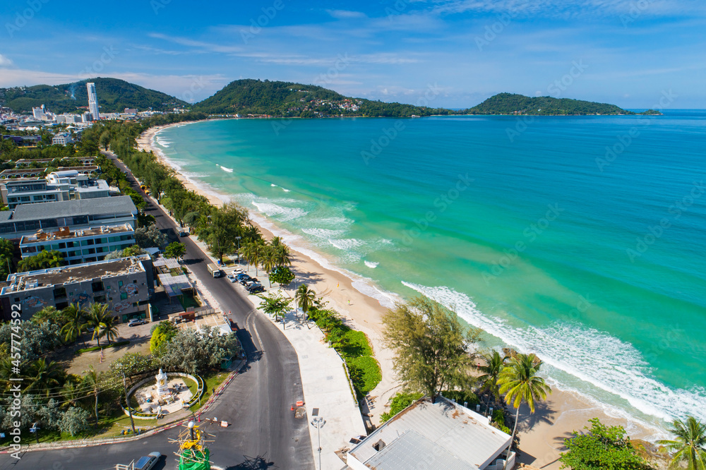 Aerial view Drone camera Amazing sea nature view over Patong city Phuket Thailand in the morning Beautiful patong beach in summer season