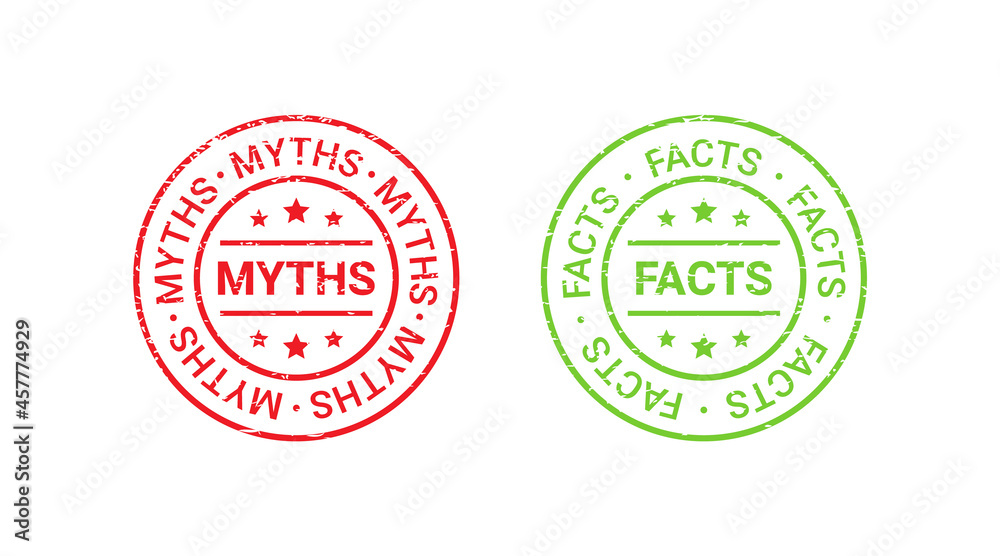 Fact Myth grunge rubber stamps, badges. Vector illustration. Truth or false seal imprints. Red green emblems isolated on white background. Infographic labels.
