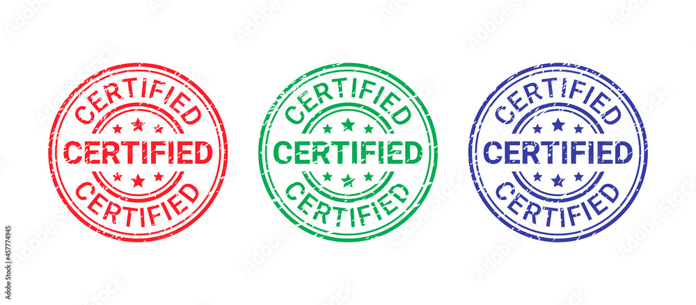 Certified grunge stamp. Vector. Quality mark approval. Checked retro badge. Warranty label. Endorsed round sticker. Vintage textured seal imprint. Emblem isolated on white background. Illustration