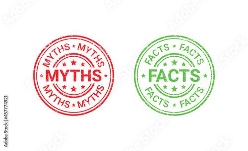 Fact Myth grunge rubber stamps, badges. Truth or false round seal imprints. Vector illustration. Emblems isolated on white background. Infographic labels.