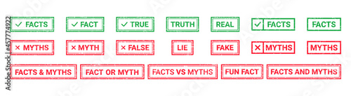 Fact Myth grunge rubber stamps, badges. Truth or false rectangular seal imprints. Vector illustration. Set green red emblems isolated on white background. Infographic labels.