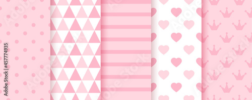 Baby backgrounds. Pink girl seamless pattern. Pastel geometric textures. Vector. Set of kids prints. Cute childish backdrop with polka dot, stripes, triangles and hearts. Modern illustration.