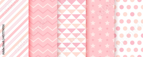 Baby girl backgrounds. Cute seamless pattern. Pastel pink geometric textures. Childish prints with zigzag, candy cane stripes, triangles, polka dot and star. Set of kids backdrops. Vector illustration