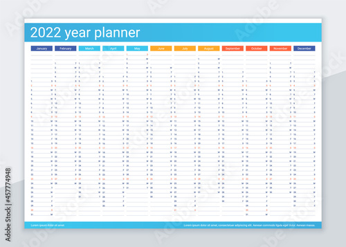 2022 year planner calendar. Desk calender organizer. Vector illustration.