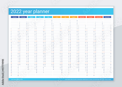 2022 year planner calendar. Desk calender organizer. Vector illustration. photo