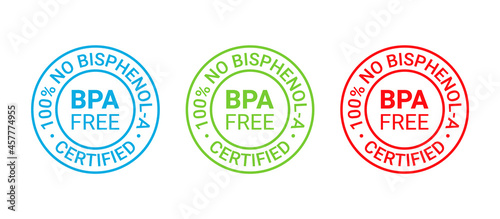 BPA free icon. No bisphenol round stamp badge. Non toxic plastic label emblem. Bisphenol A phthalates free seal imprint for eco package. Vector illustration. Waste marks isolated on white background