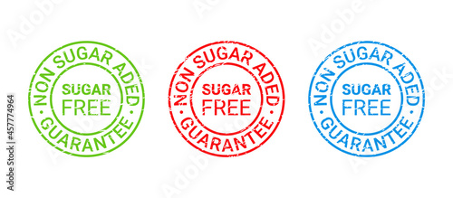 Sugar free grunge stamp, icon. No sugar added label. Diabetic round emblem. Green red blue seal imprints isolated. Sticker for package product on white background. Guarantee badge. Vector illustration