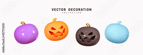 Set of multi-colored pumpkins for Halloween. Pumpkin with scary, evil emotions on their faces. Creative concept idea. Realistic 3d design. Traditional element of decor for holiday. Vector illustration