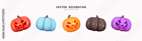 Set of multi-colored pumpkins for Halloween. Pumpkin with scary, evil emotions on their faces. Creative concept idea. Realistic 3d design. Traditional element of decor for holiday. Vector illustration