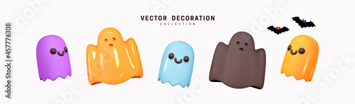 Ghost for Halloween. Set of multi-colored Ghosts with scary and evil emotions on their faces. Creative concept idea. Realistic 3d design. Traditional elements of decor for holiday. Vector illustration