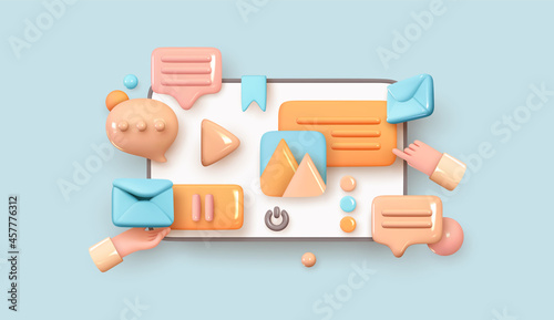 Desktop monitor computer. Creative concept idea, realistic 3d design. Communication with Social media. Information Social network. Volume icons messages and email, Hand video play. Vector illustration
