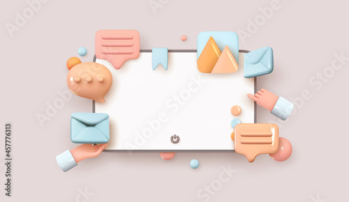 Desktop monitor computer. Creative concept idea, realistic 3d design. Communication with Social media. Information Social network. Volume icons messages and email, Hand shows. Vector illustration