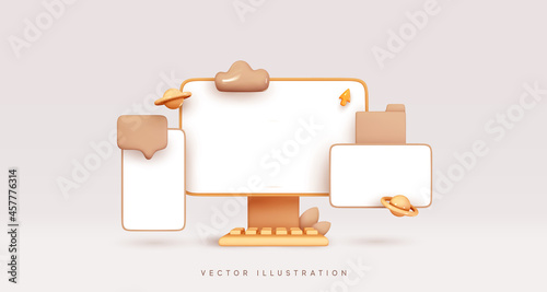 Screen device mockup. Mock up Desktop computer, blank screen monitor. Mobile phone and tablet. Creative business concept idea. Realistic 3d design Icons Message, dialog, files. Vector illustration