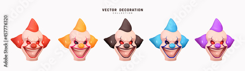 Set Clown head with wicked smile on his face. Realistic 3d design. Element Decor for holiday, Halloween, birthday. Clown of different colors orange, black, red, purple and blue. Vector illustration