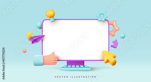Desktop computer, blank screen monitor. Creative concept idea. Realistic 3d design icons, gear and cursor pointer arrow. Configure, web repair, maintenance and website setting. Vector illustration