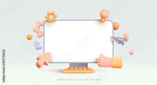 Desktop computer, blank screen monitor. Creative concept idea. Realistic 3d design icons, gear and cursor pointer arrow. Configure, web repair, maintenance and website setting. Vector illustration