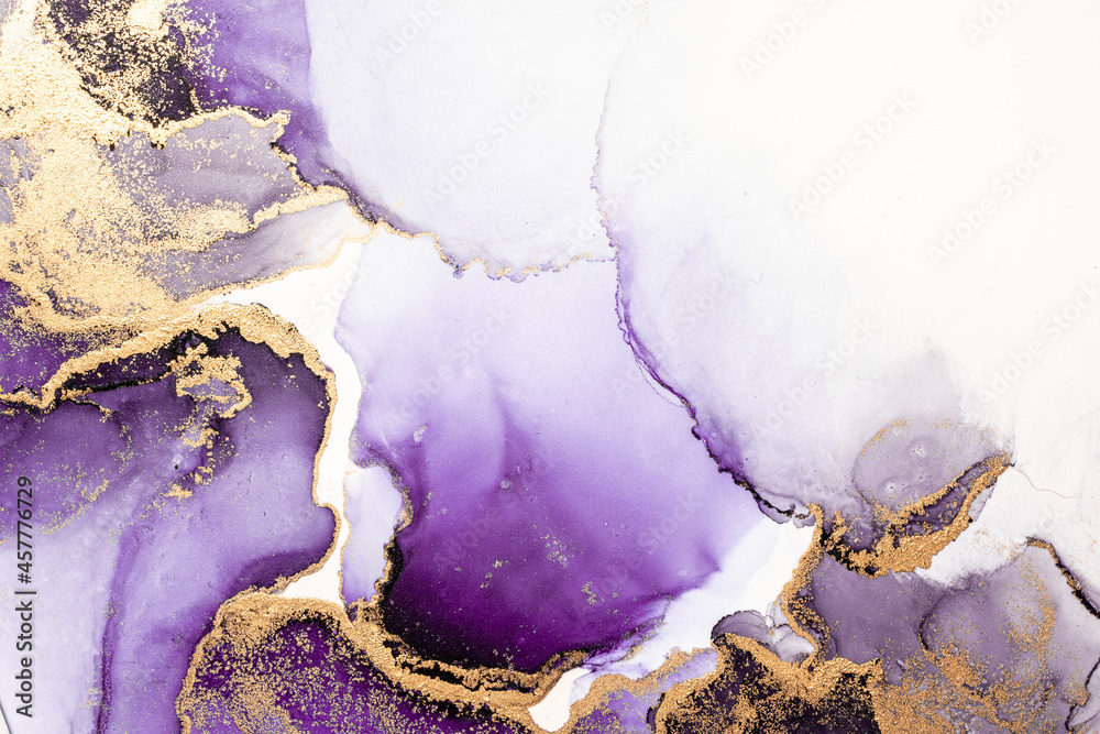 Purple gold abstract background of marble liquid ink art painting on