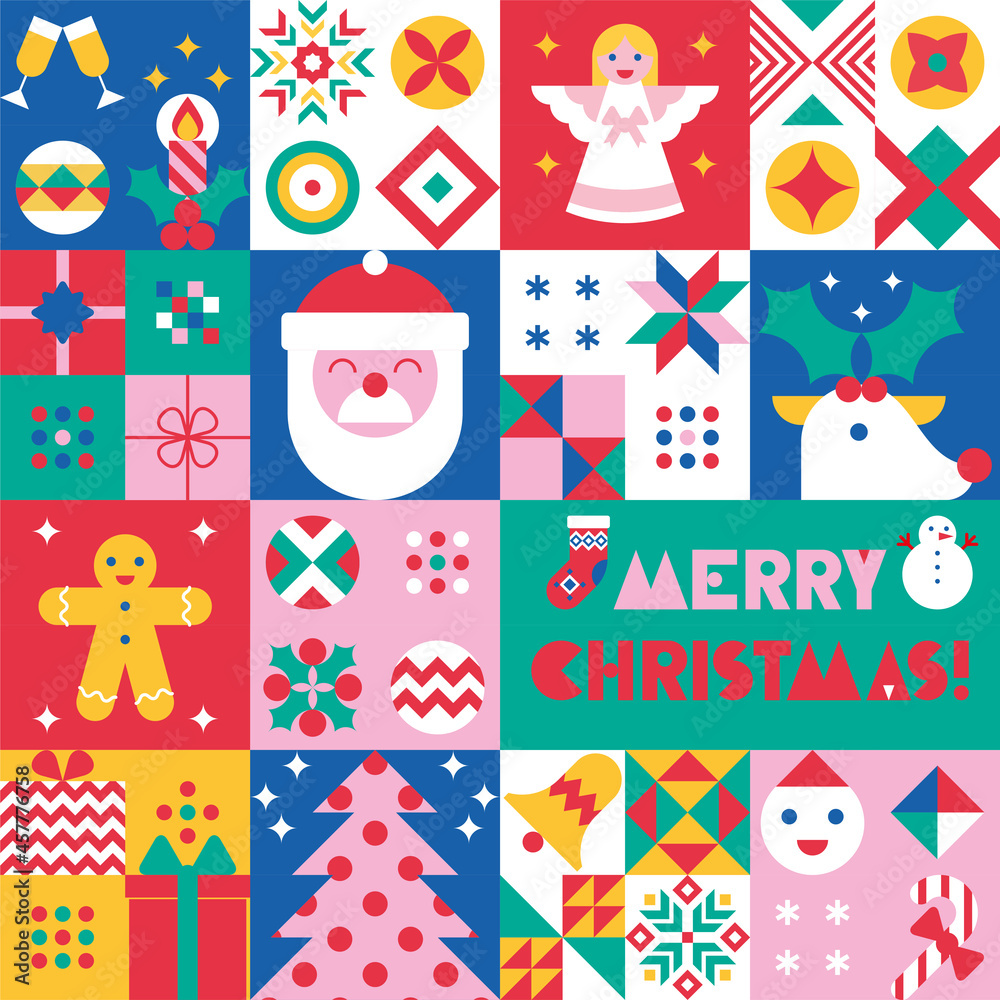 Christmas background with festive simbols santa, deer, christmas tree, gingerbread man, angel, gifts, snowflakes. Geometric decorative elements in flat style. Seamless pattern, ornament. Gift wrap Christmas background with festive simbols santa, deer, christmas tree, gingerbread man, angel, gifts, snowflakes. Geometric decorative elements in flat style. Seamless pattern, ornament. Gift wrap