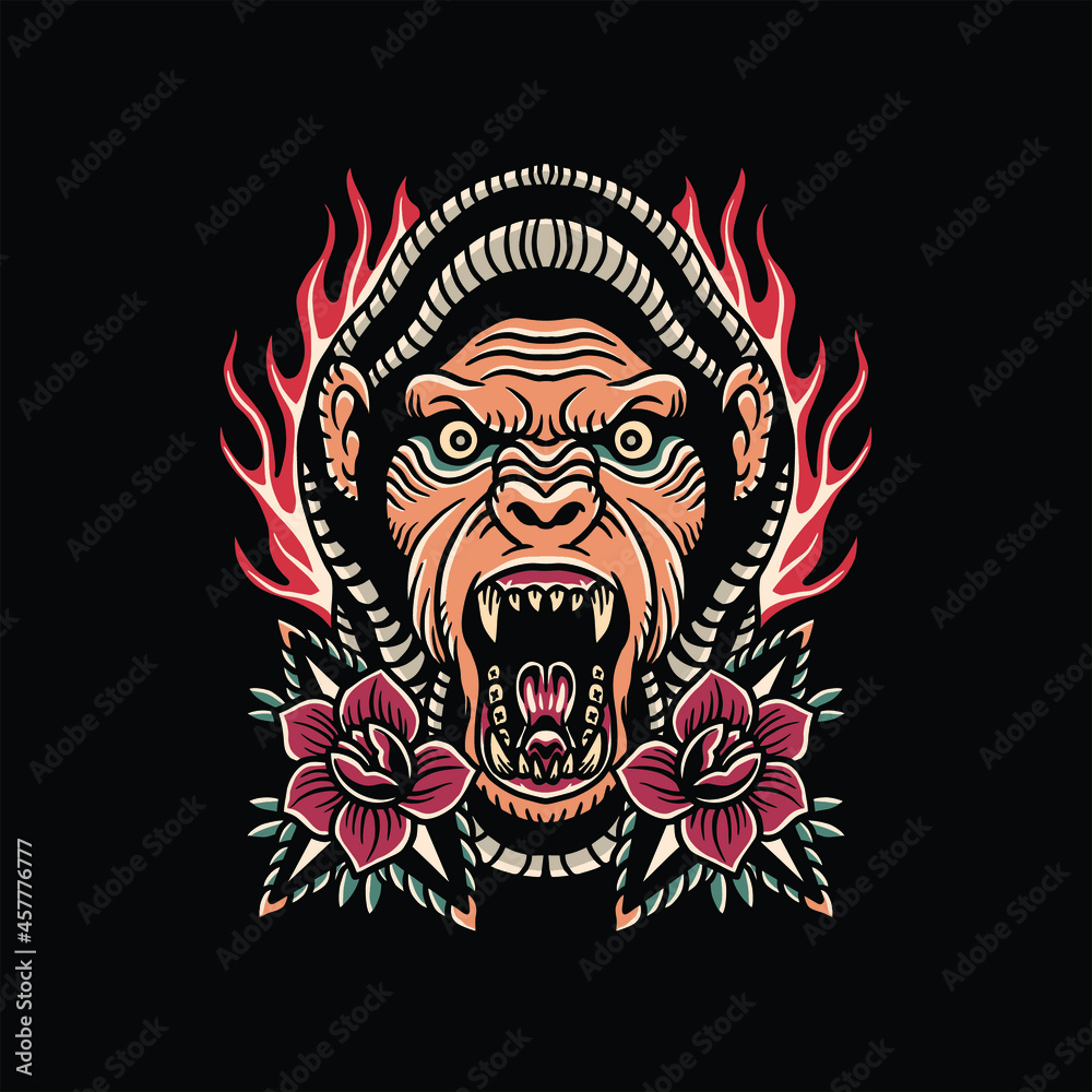 Fototapeta premium gorilla and roses tattoo vector design