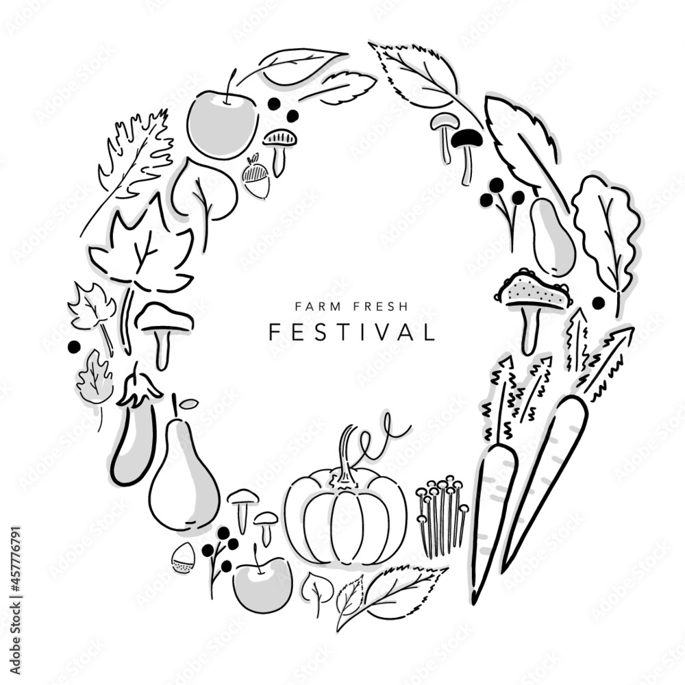 Farm Harvest vector illustration of leaves, pumpkin, mushrooms, vegetables and fruits. Hand-drawn graphic template of fall season. Banner, menu, Ad, email, card, sign, - Farm Fresh Festival -