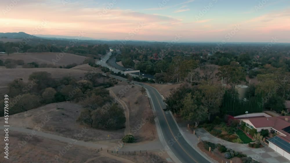 Aerial: Freeway traffic on Interstate 280. Los Altos, Silicon Valley, California, USA Aerial: Freeway traffic on Interstate 280. Los Altos, Silicon Valley, California, USA
