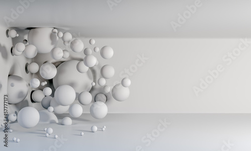 Fototapeta Naklejka Na Ścianę i Meble -  Matte white balloons fly in the air like a virus against a matte white background and crash into walls and ceilings. 3D background. Render