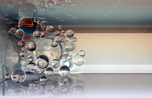 Glass balls fly through the air and crash into walls and ceilings. 3d background render