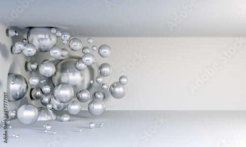 Glossy metal balls fly in the air like a virus on a white background and crash into the wall and ceiling. 3D background. Render