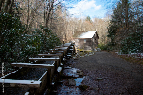 Mingus Mill located in the Great Smoky Mountains is a historic grist mill using a water powered turbine to grind corn into cornmeal photo