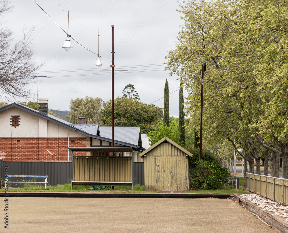 Grass lawn bowls court, corrugated iron shed and shelter Grass lawn bowls court, corrugated iron shed and shelter
