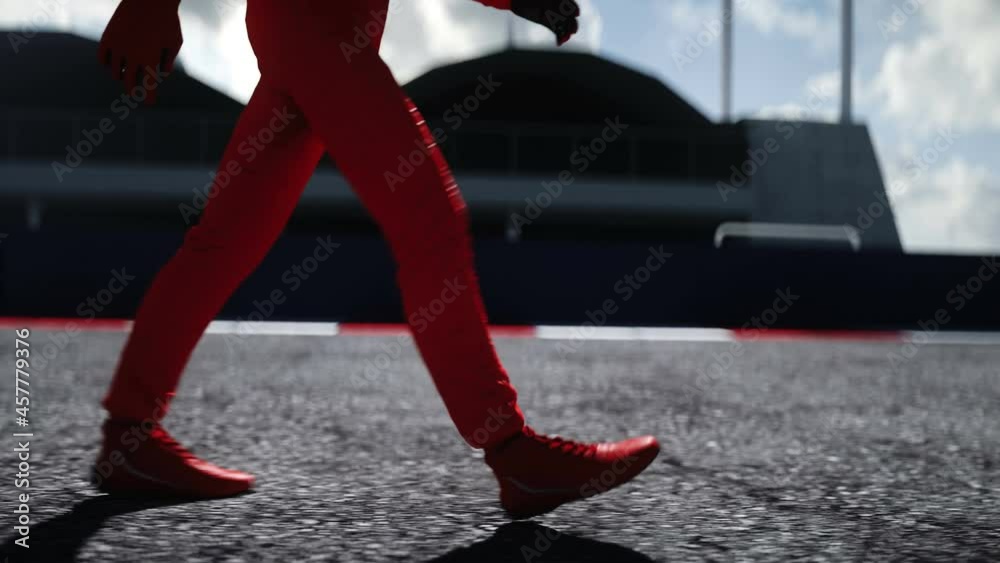 The racer is walking on stadium. Realistic 4k animation.