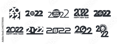 2022 Happy New Year Vector Logo. Different Typography Design Templates Set Isolated On White Background. Variations Of Happy New Years Typographic Design Elements Collection