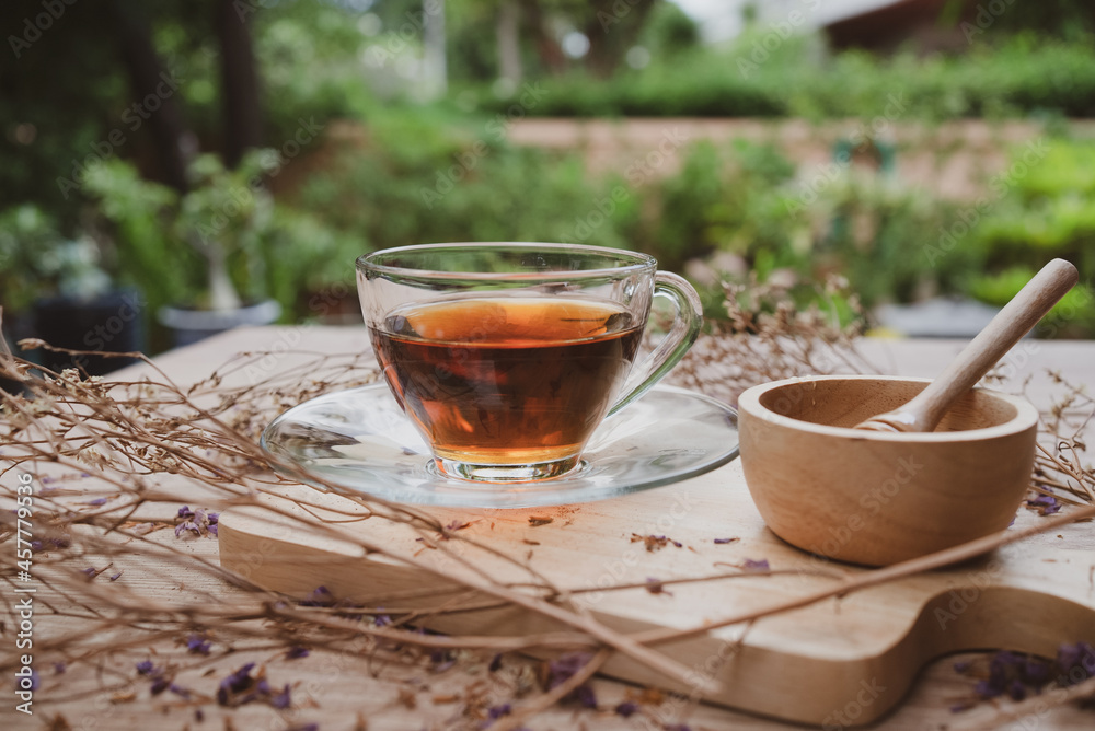 close up hand add honey into galss of hot tea close up hand add honey into galss of hot tea