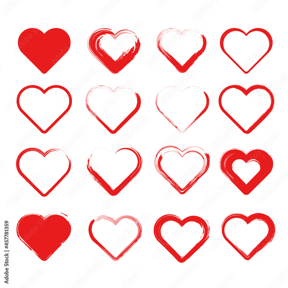 Heart icon set. Heart and love icon in grunge effect brush vector. Perfect for decoration element.