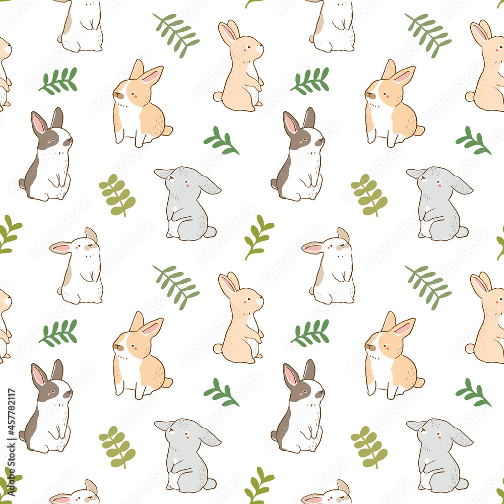 Seamless Pattern with Cute Rabbit and Leaf Illustration Design on White Background