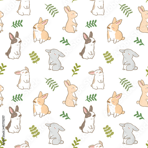 Fototapeta Naklejka Na Ścianę i Meble -  Seamless Pattern with Cute Rabbit and Leaf Illustration Design on White Background
