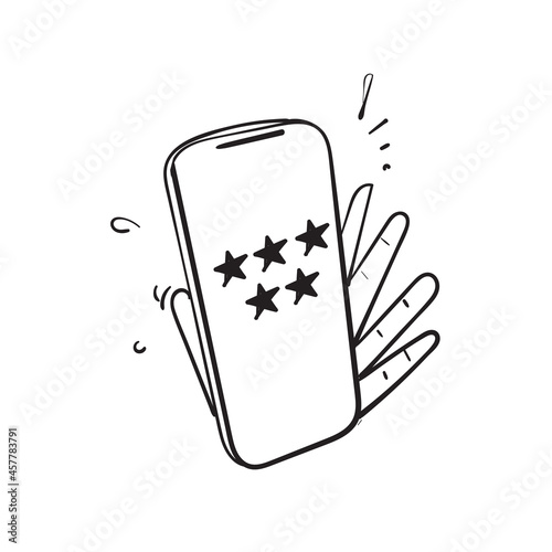 hand drawn doodle mobile phone app with 5 star rating review feedback icon illustration isolated