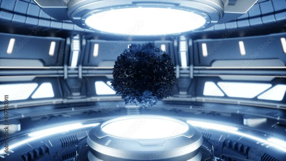 Black antimatter in sci fi futuristic metall room. Future concept. Realistic 4k animation.