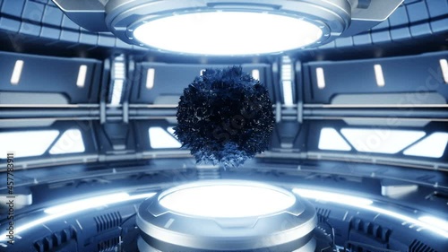 Black antimatter in sci fi futuristic metall room. Future concept. Realistic 4k animation. photo