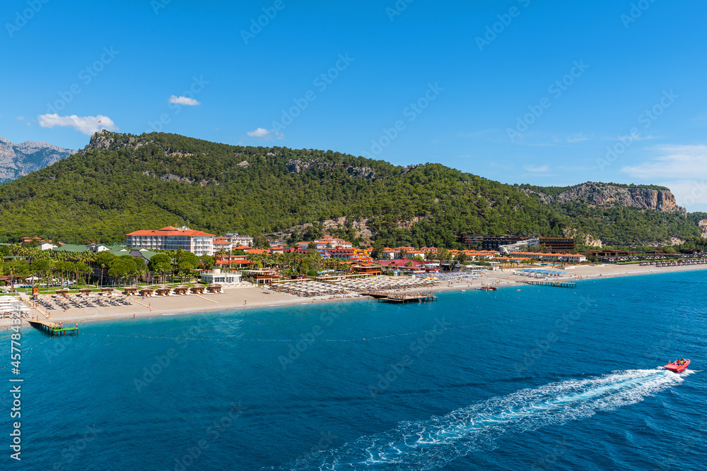 Aerial view of beaches and opels on the Mediterranean coast on the Turkish Riviera in the vicinity of Kemer